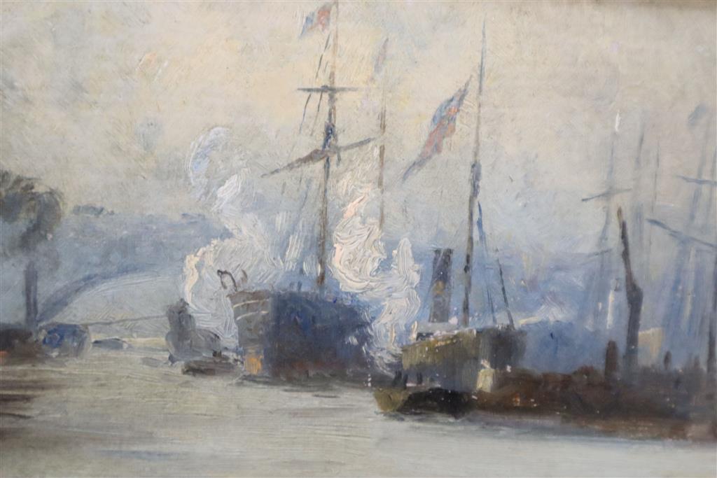 Follower of W L Wyllie, Shipping in port, oil on panel and English School (19th century), shipping off the shore